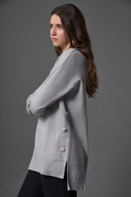 Mizalle Yanları Metal Düğmeli Gri Uzun Triko Tunik - Mizalle (1)