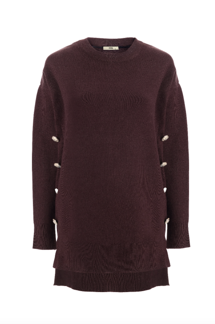 Mizalle Yanları Metal Düğmeli Kahverengi Uzun Triko Tunik - Mizalle (1)