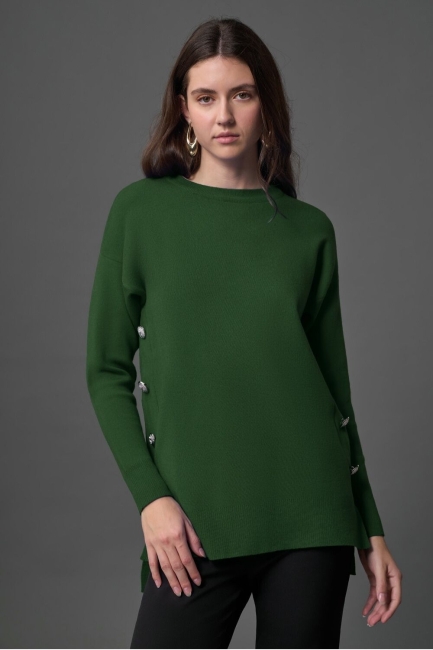 Mizalle Yanları Metal Düğmeli Nefti Uzun Triko Tunik - Mizalle