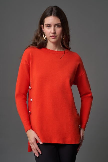 Mizalle Yanları Metal Düğmeli Turuncu Uzun Triko Tunik - Mizalle