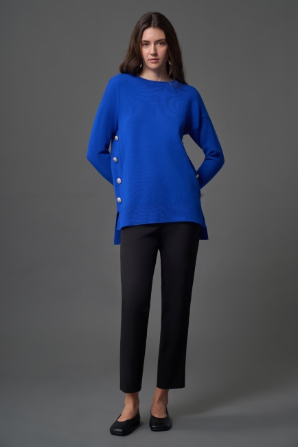 Mizalle Yanları Metal Düğmeli Saks Mavi Uzun Triko Tunik - Mizalle (1)