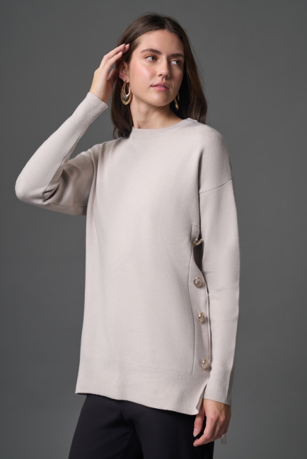 Mizalle Yanları Metal Düğmeli Taş Rengi Uzun Triko Tunik - Mizalle