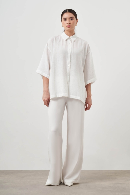 Mizalle Keten Görünümlü Oversize Yarım Kollu Ekru Gömlek - Mizalle (1)