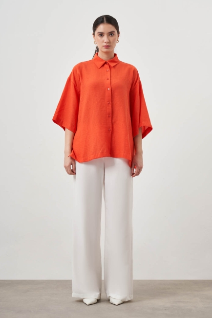 Mizalle Keten Görünümlü Oversize Yarım Kollu Nar Çiçeği Gömlek - Mizalle (1)