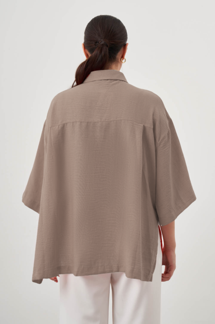 Mizalle Keten Dokulu Yırtmaçlı Oversize Vizon Rengi Gömlek - Mizalle (1)