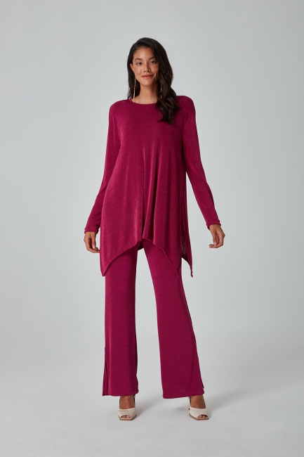 Mizalle Yırtmaç Detaylı Fuşya Örme Pantolon - Mizalle