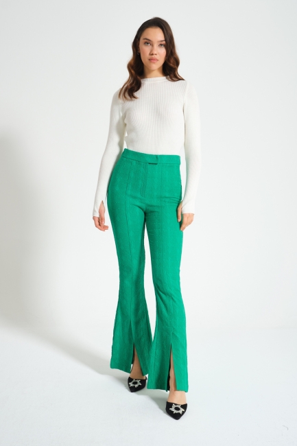 Mizalle Yırtmaç Detaylı Yeşil Jakarlı Pantolon - Mizalle