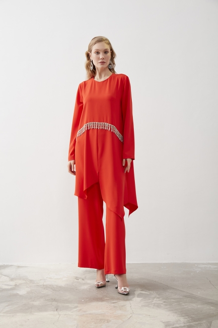 Mizalle Zincir Taş İşleme Detaylı Nar Çiçeği Şifon Tunik - Mizalle (1)